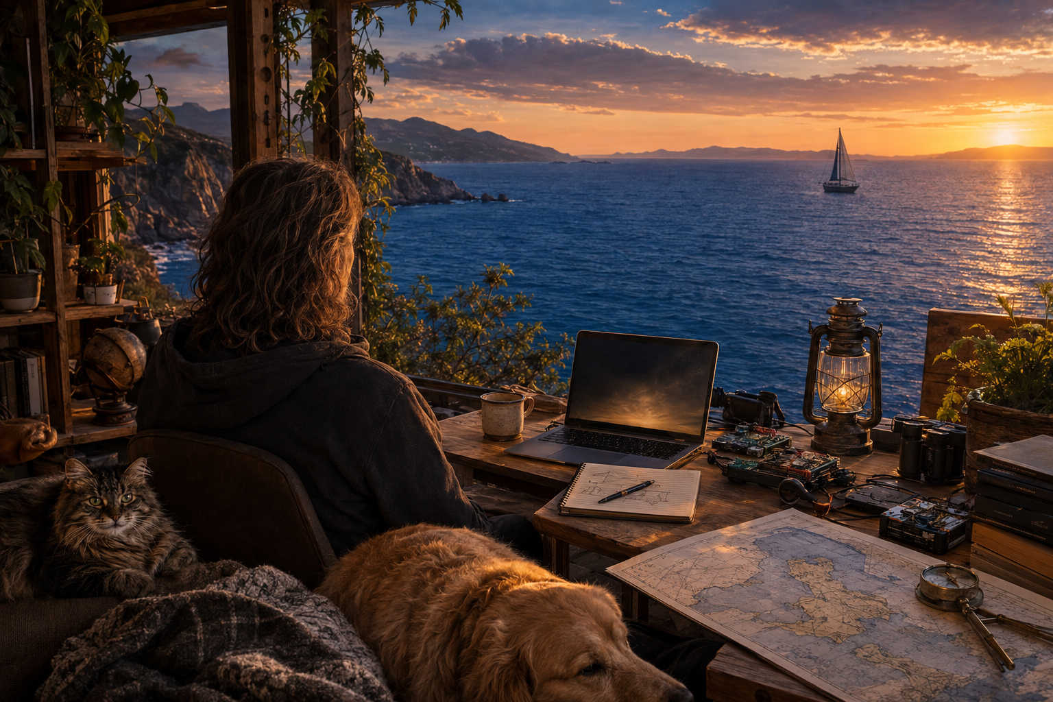 Illustration of a long-haired person exploring ideas in a coastal workspace, with a notebook, electronics, a cat and a resting dog, overlooking a sailboat at sunset.